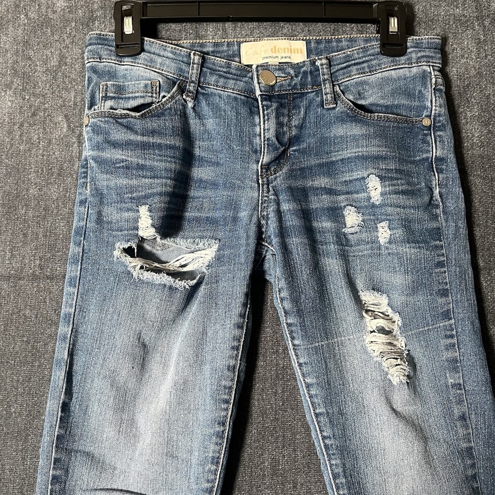 Cafe Denim Womens Skinny Jeans Size 5/6 Distressed Ripped Medium Wash Raw Hem - Picture 9 of 10